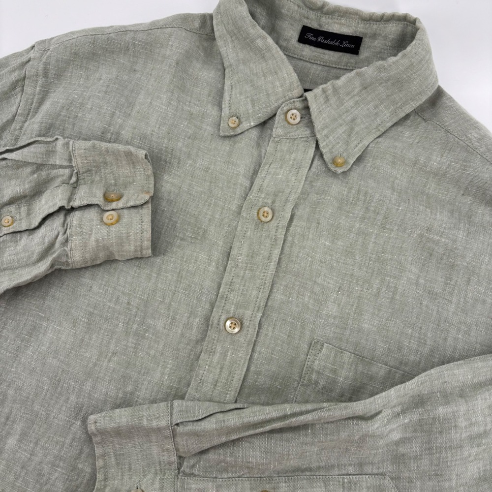 W.H. Belk Linen Core Button Down Shirt Mens Medium Sage Green Long Sleeve Summer